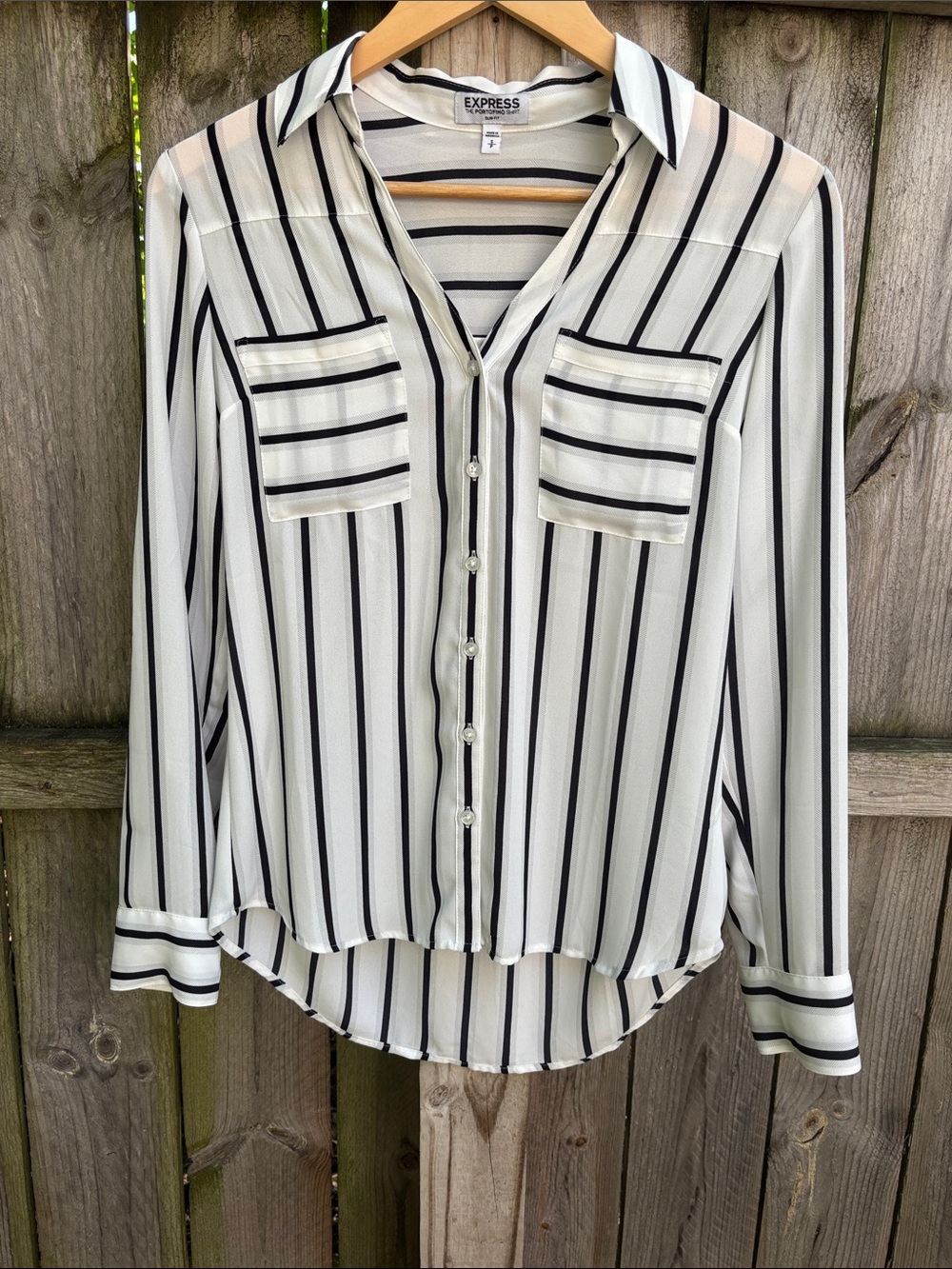 Express White Button-Front Shirt with Black Vertical Stripes